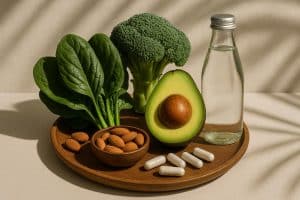 Assortment of natural trace mineral supplements and nutrient-rich foods for wellness promotion