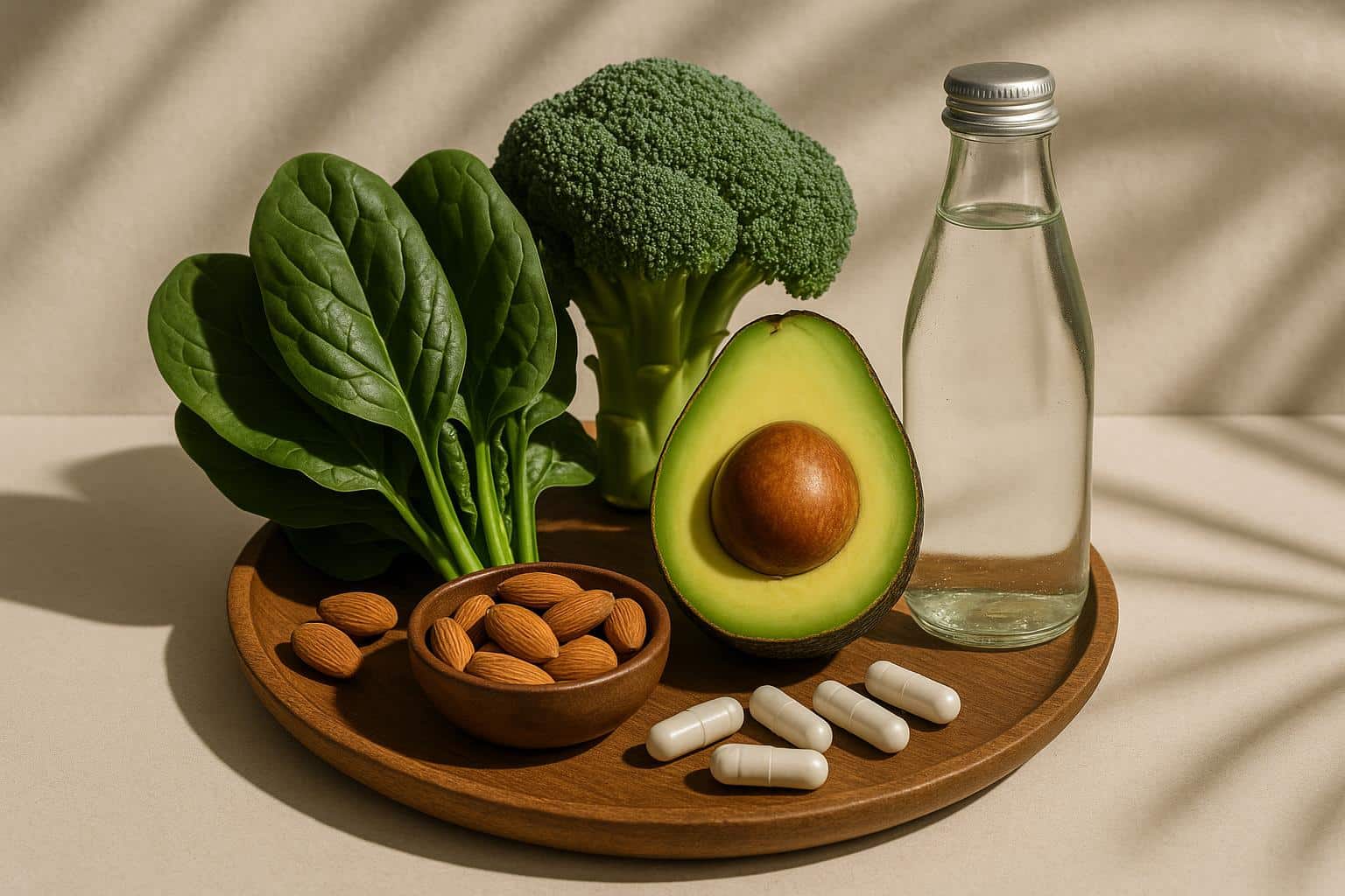 Assortment of natural trace mineral supplements and nutrient-rich foods for wellness promotion