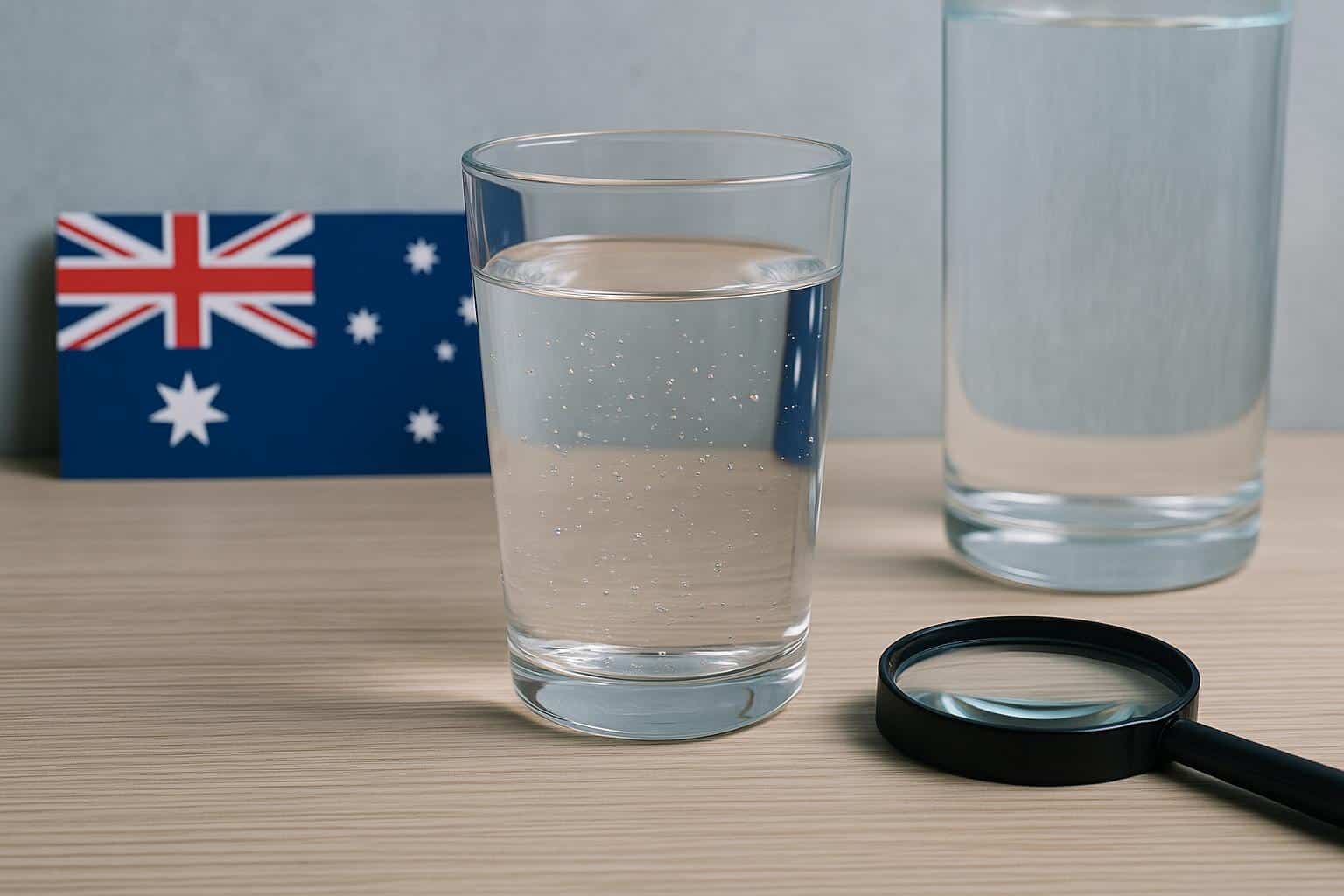 Close-up of a clear glass filled with tap water next to a kitchen faucet in an Australian home