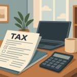 Home office workspace with laptop, tax documents, and calculator for remote work tax guide