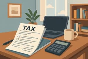 Home office workspace with laptop, tax documents, and calculator for remote work tax guide