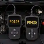 Car dashboard check engine light with highlighted P0128 and P0430 error codes diagnostic display