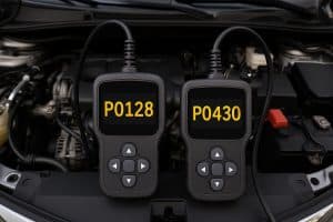 Car dashboard check engine light with highlighted P0128 and P0430 error codes diagnostic display