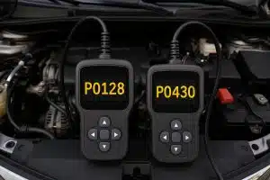 Car dashboard check engine light with highlighted P0128 and P0430 error codes diagnostic display