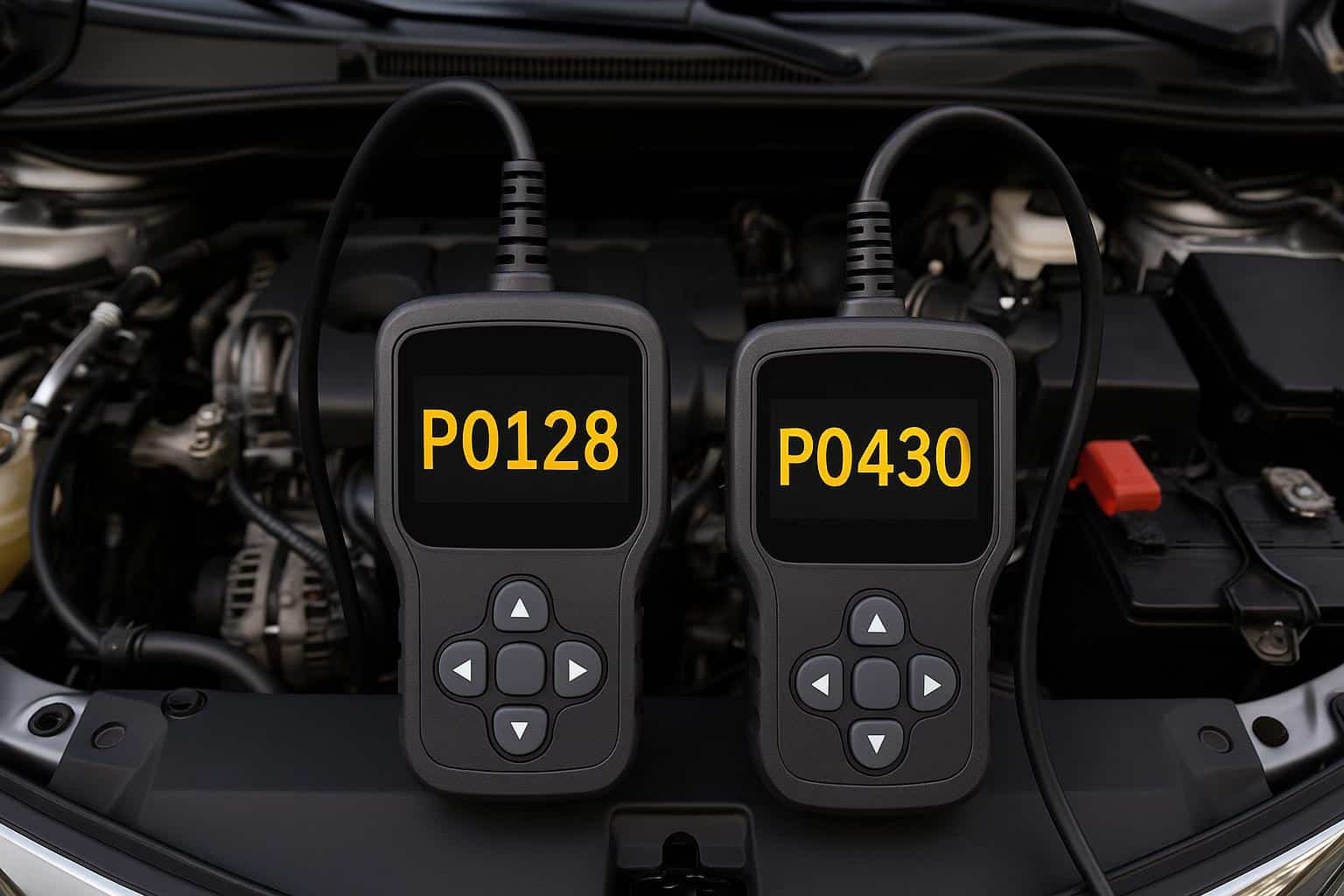 Car dashboard check engine light with highlighted P0128 and P0430 error codes diagnostic display