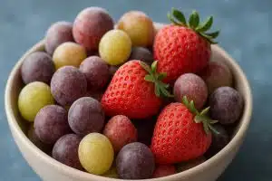 Assorted frozen fruit candies in vibrant colors arranged on a white surface for dessert trend