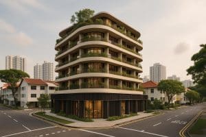 Exterior view of Dorset Gardens, new residential landmark on Dorset Road in Farrer Park district