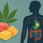 CBD gummies on a table with supplement bottle, illustrating CBD’s effects in the body