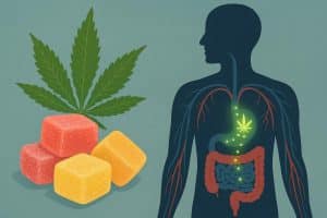 CBD gummies on a table with supplement bottle, illustrating CBD’s effects in the body