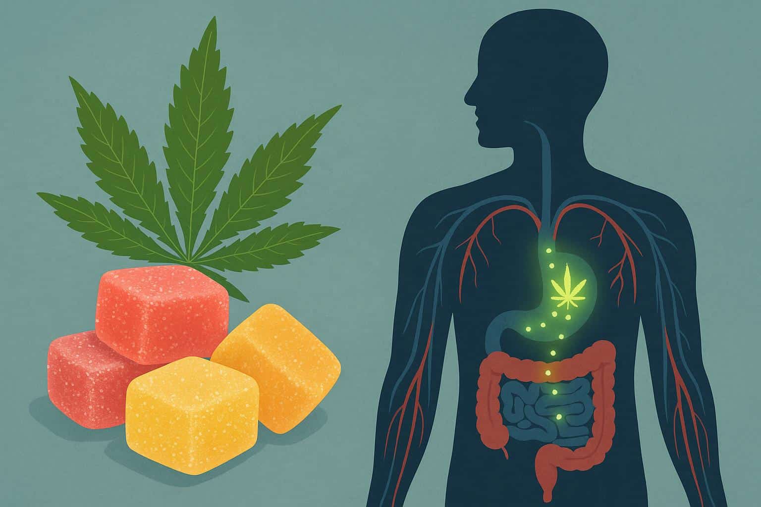 CBD gummies on a table with supplement bottle, illustrating CBD’s effects in the body