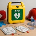 Automated external defibrillator with life-saving emergency equipment in workplace setting