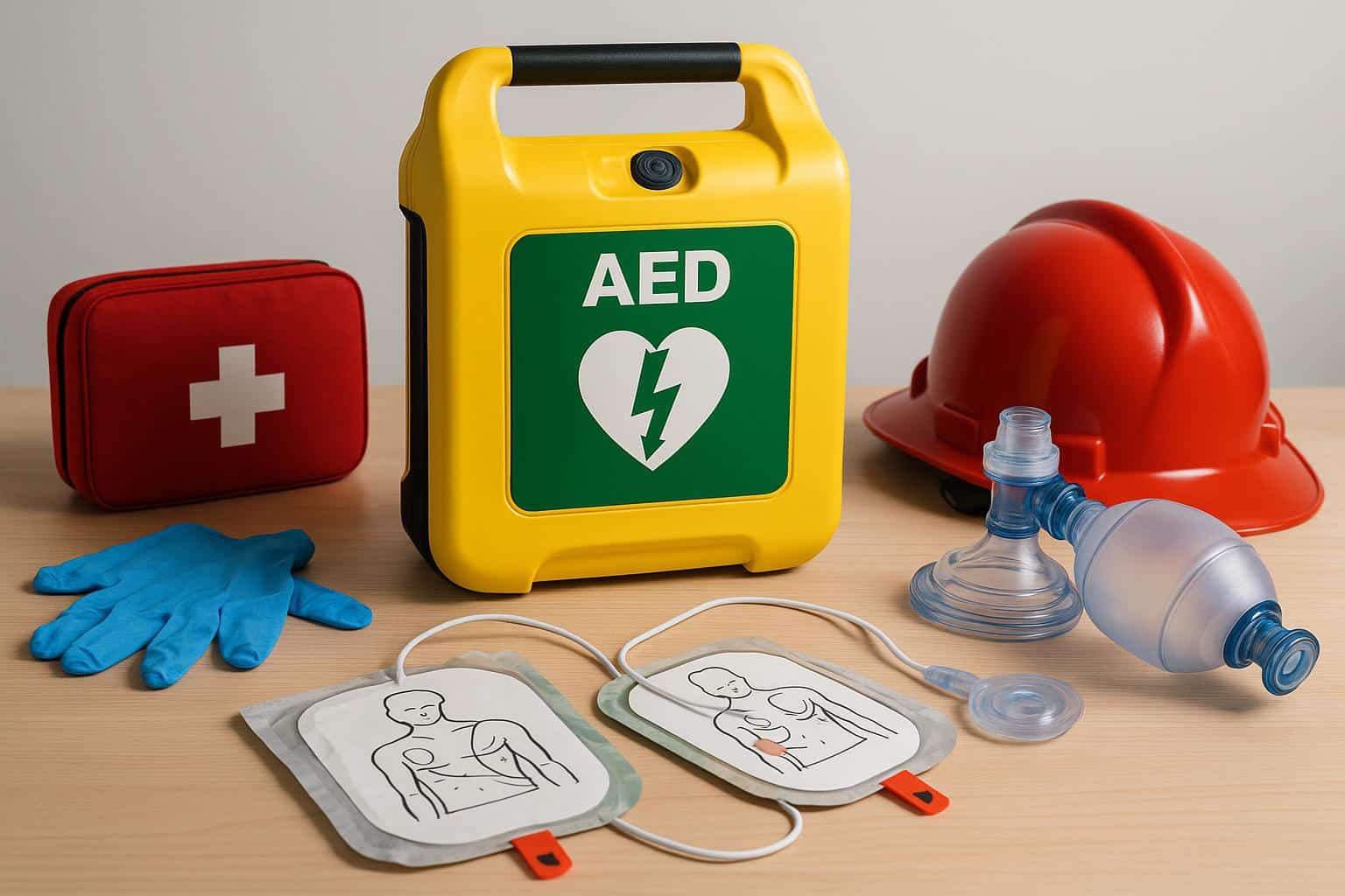 Automated external defibrillator with life-saving emergency equipment in workplace setting