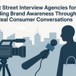 Street interviewer engaging with consumers to boost brand awareness for marketing agencies