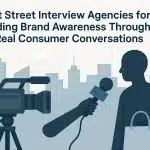 Street interviewer engaging with consumers to boost brand awareness for marketing agencies