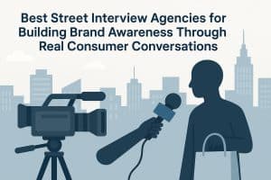 Street interviewer engaging with consumers to boost brand awareness for marketing agencies