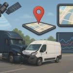 Commercial truck accident scene with GPS map overlay illustrating telematics data analysis