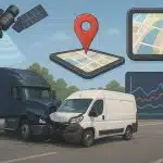 Commercial truck accident scene with GPS map overlay illustrating telematics data analysis
