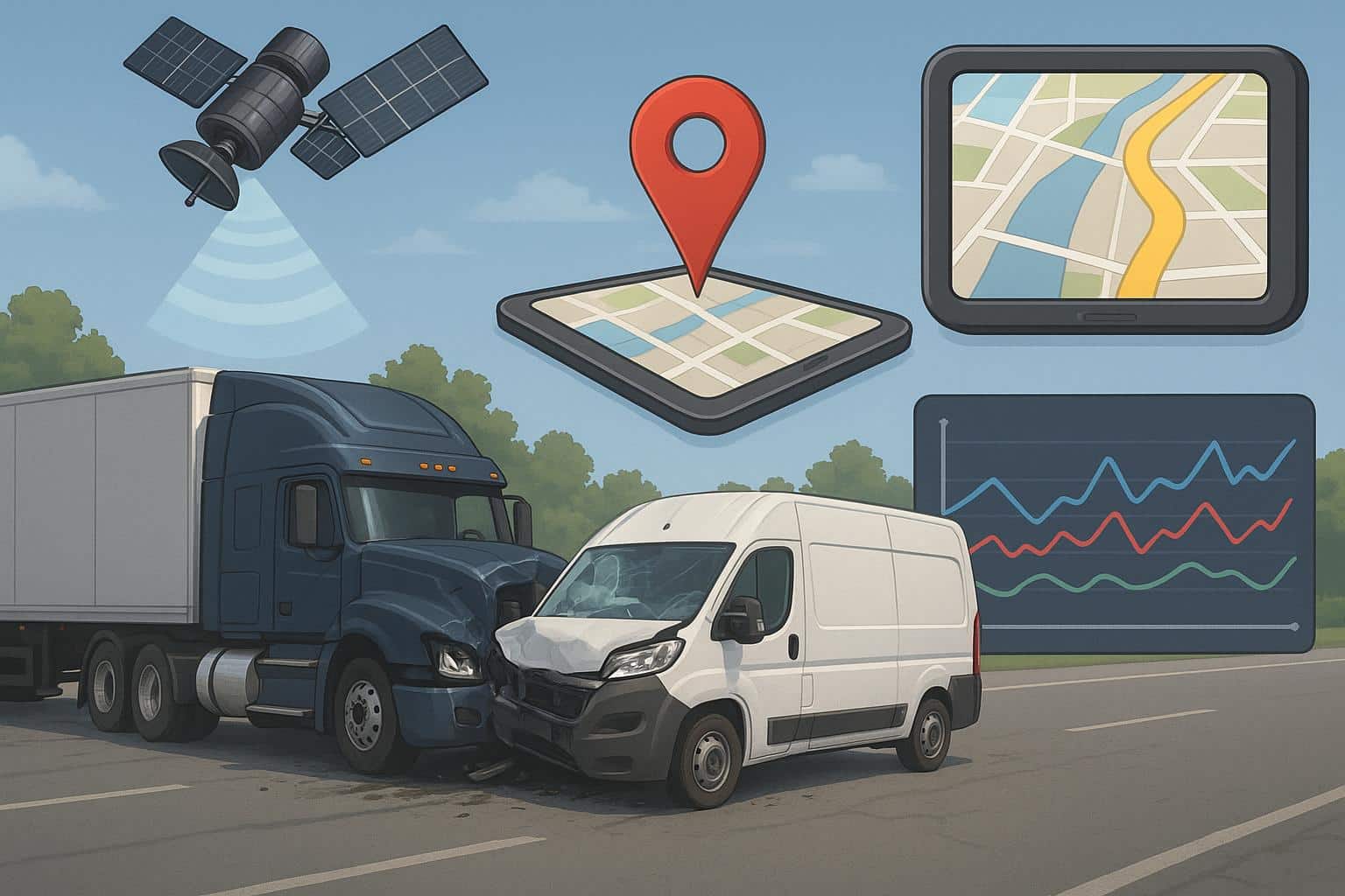 Commercial truck accident scene with GPS map overlay illustrating telematics data analysis