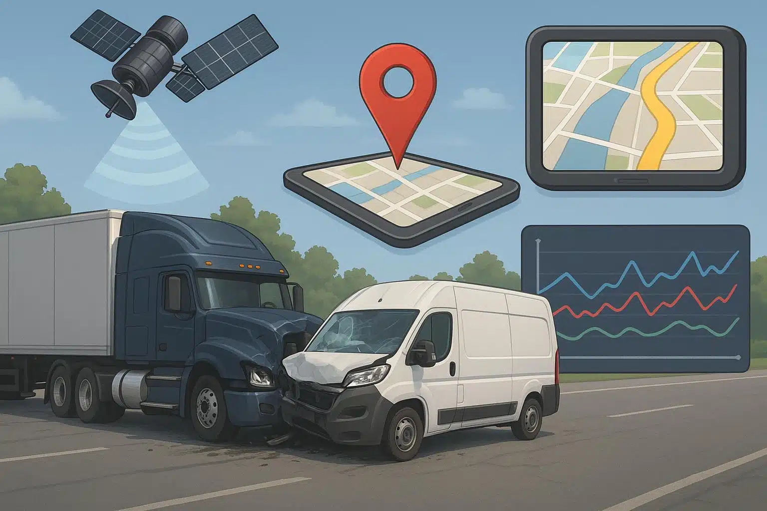 Commercial truck accident scene with GPS map overlay illustrating telematics data analysis
