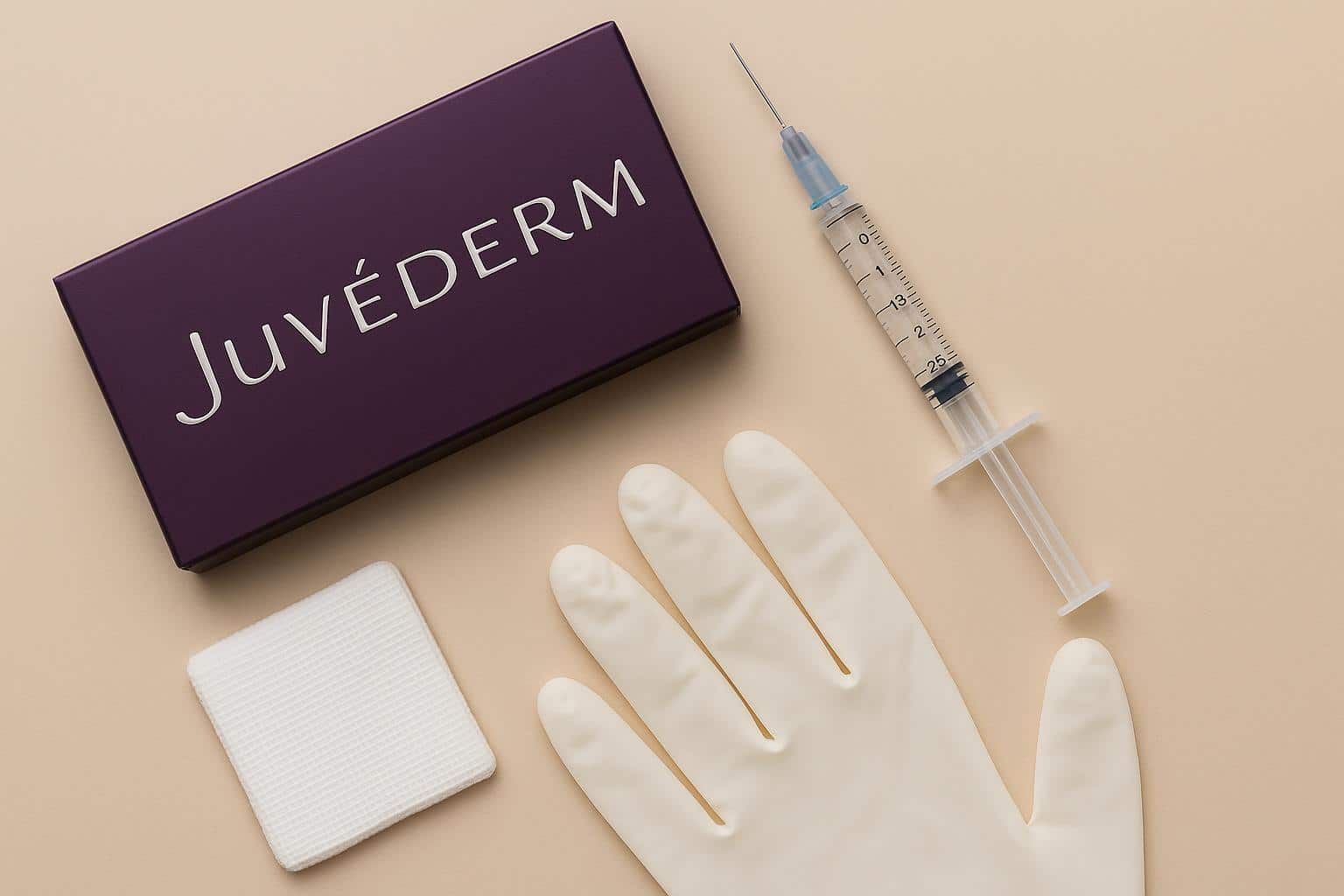 Juvederm filler syringe and cosmetic consultation tools on clinic table before treatment session