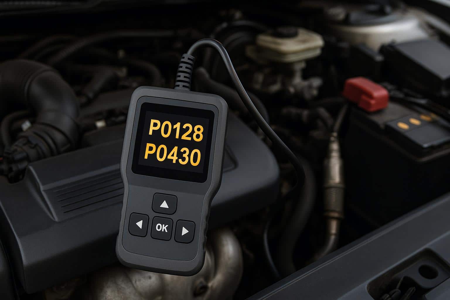 Check Engine Light with P0128 and P0430 Codes Displayed on Car Dashboard for Diagnostics Guide