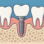 Close-up of dental implants and artificial teeth demonstrating modern tooth restoration techniques