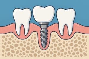Close-up of dental implants and artificial teeth demonstrating modern tooth restoration techniques