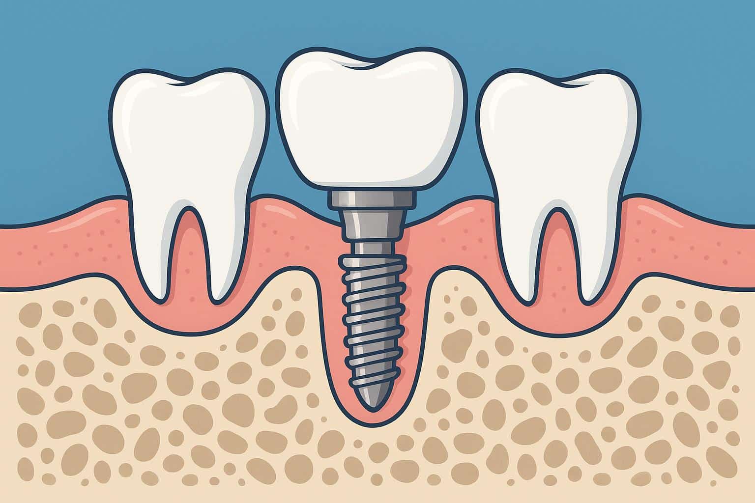 Close-up of dental implants and artificial teeth demonstrating modern tooth restoration techniques