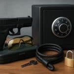Secure gun safe with firearm and safety accessories representing responsible storage practices