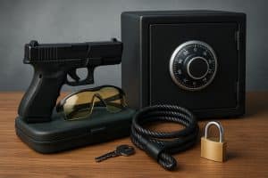 Secure gun safe with firearm and safety accessories representing responsible storage practices