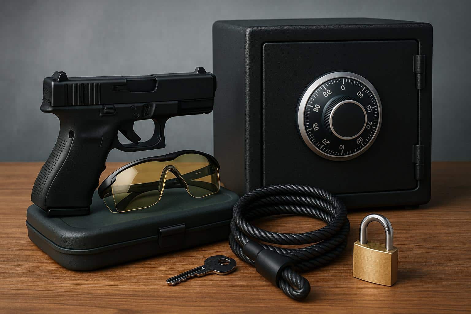 Secure gun safe with firearm and safety accessories representing responsible storage practices