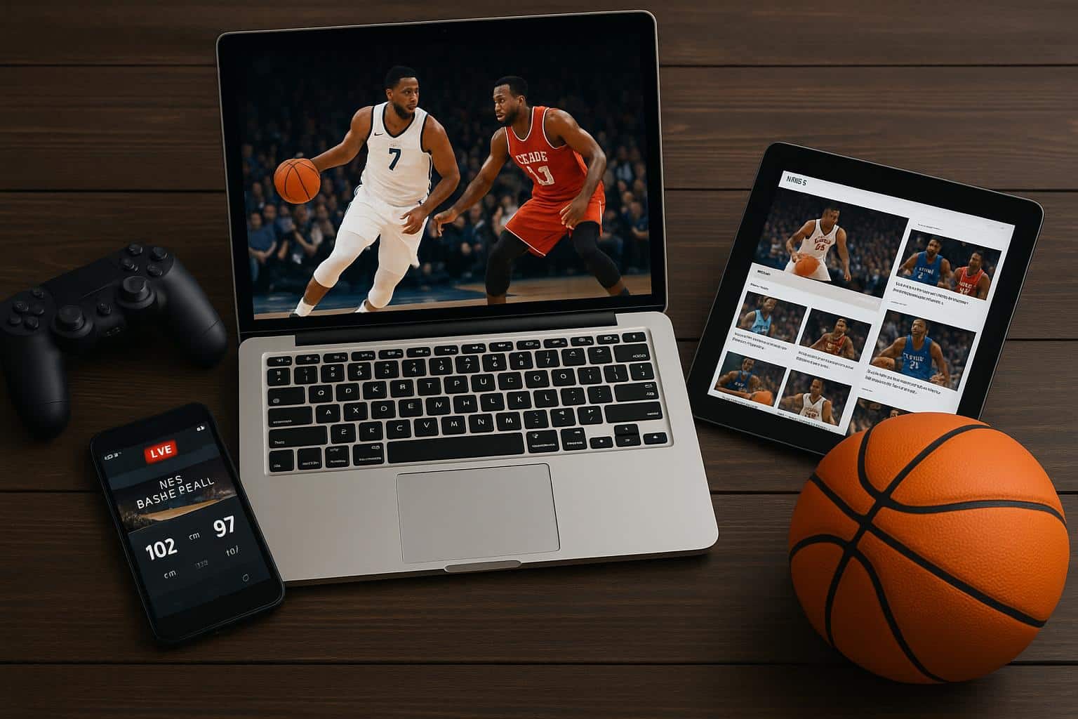 Streaming NBA game on laptop with live stats and social media chat for modern fans