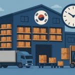 Modern Korean ecommerce warehouse with organized shelves and fast shipping logistics in operation