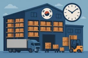 Modern Korean ecommerce warehouse with organized shelves and fast shipping logistics in operation