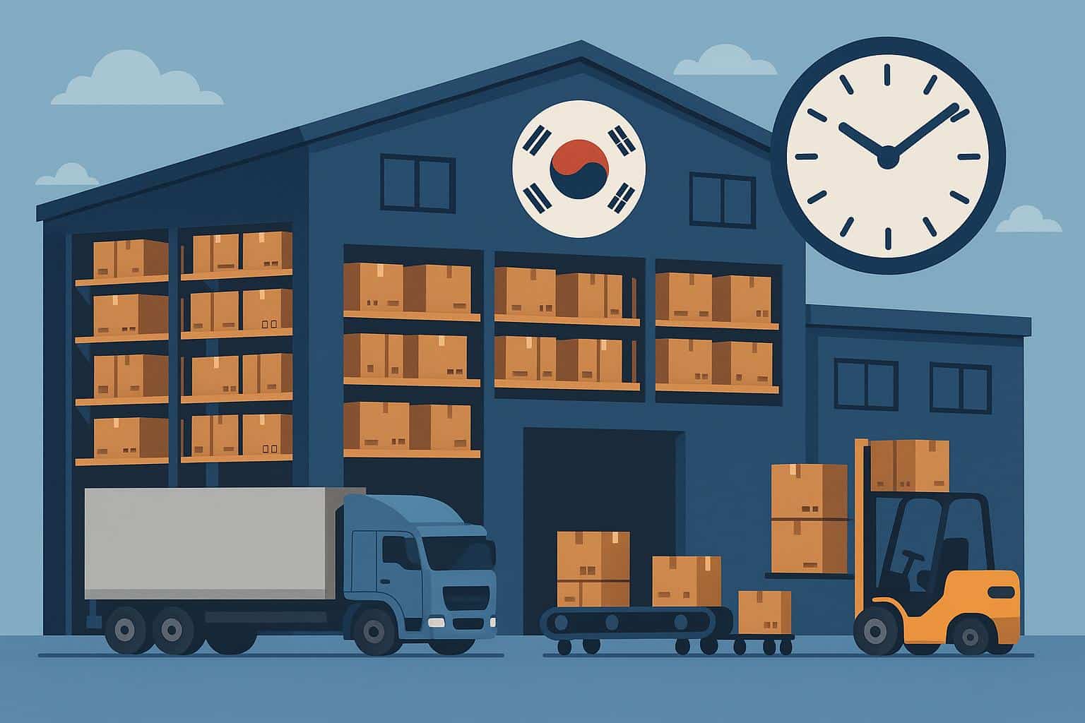 Modern Korean ecommerce warehouse with organized shelves and fast shipping logistics in operation