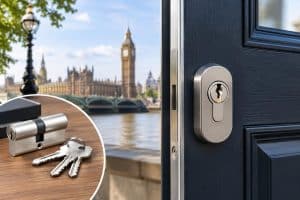 Banham lock being installed on a London residential front door for enhanced home security