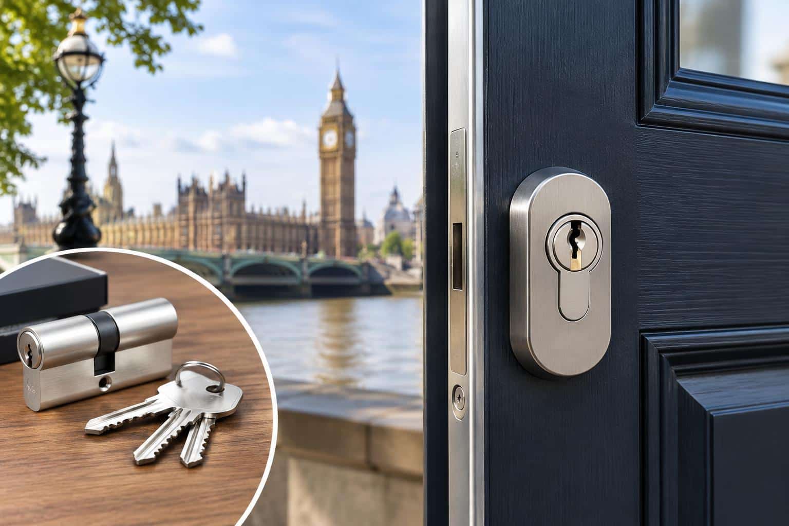 Banham lock being installed on a London residential front door for enhanced home security