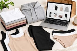 Stack of folded women’s basic clothing in neutral colors on a clean, minimal background