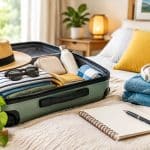Packed suitcase with summer hat and travel essentials on bed, ready for a comfortable staycation