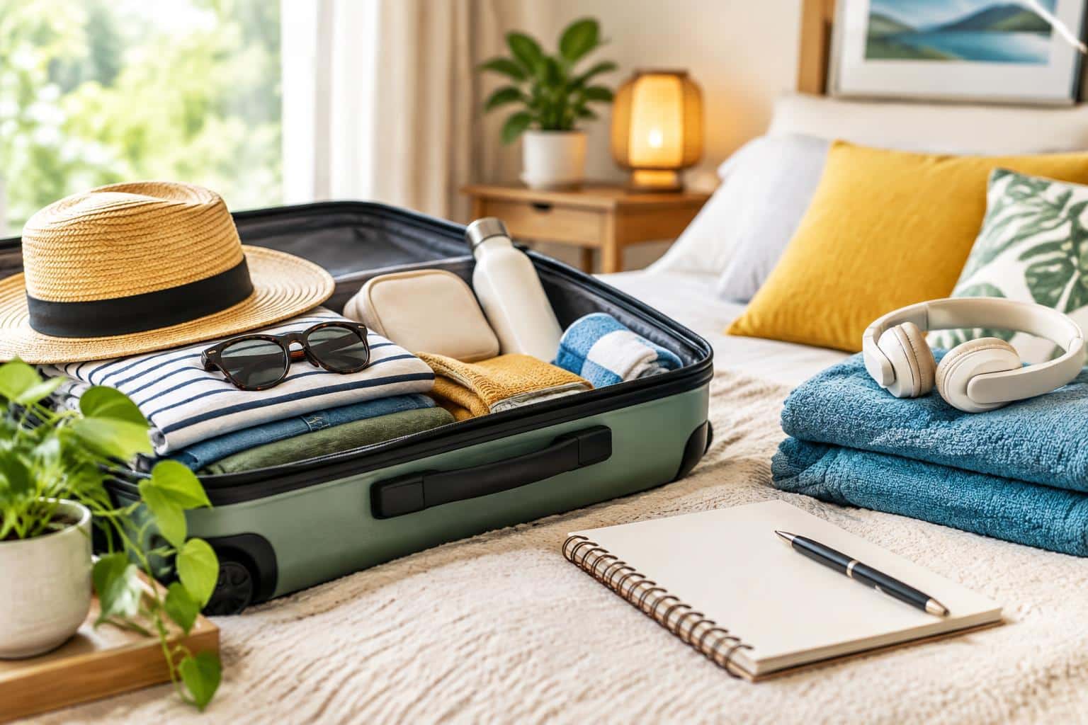 Packed suitcase with summer hat and travel essentials on bed, ready for a comfortable staycation